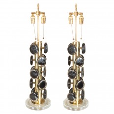 Pair of brass table lamps with Black Murano glass disks